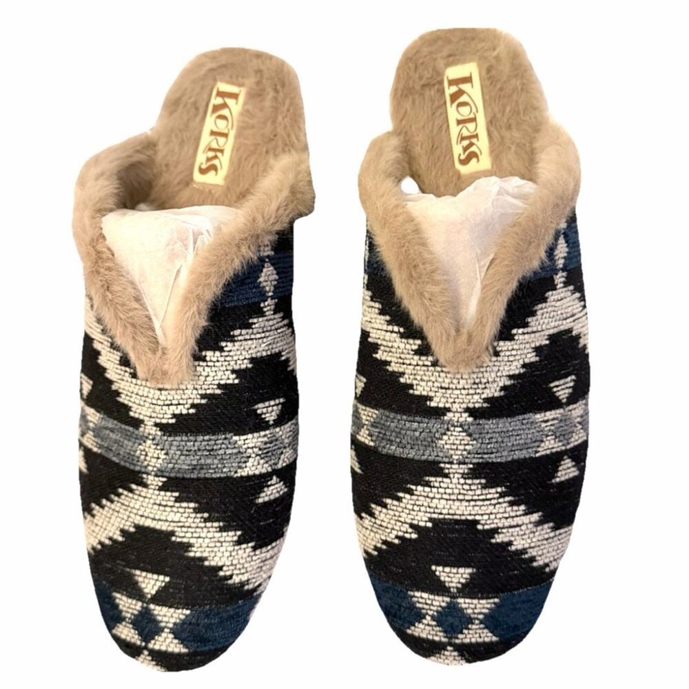 NEW KORKS  Mules Nile Slip On Shoes Blue Faux Fur Lined Aztec FAST SHIP 3280-16